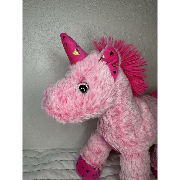 Hug & Luv Pink Unicorn Plush Heart Print Glitter Eyes Pink 13” - Picture 3 of 7